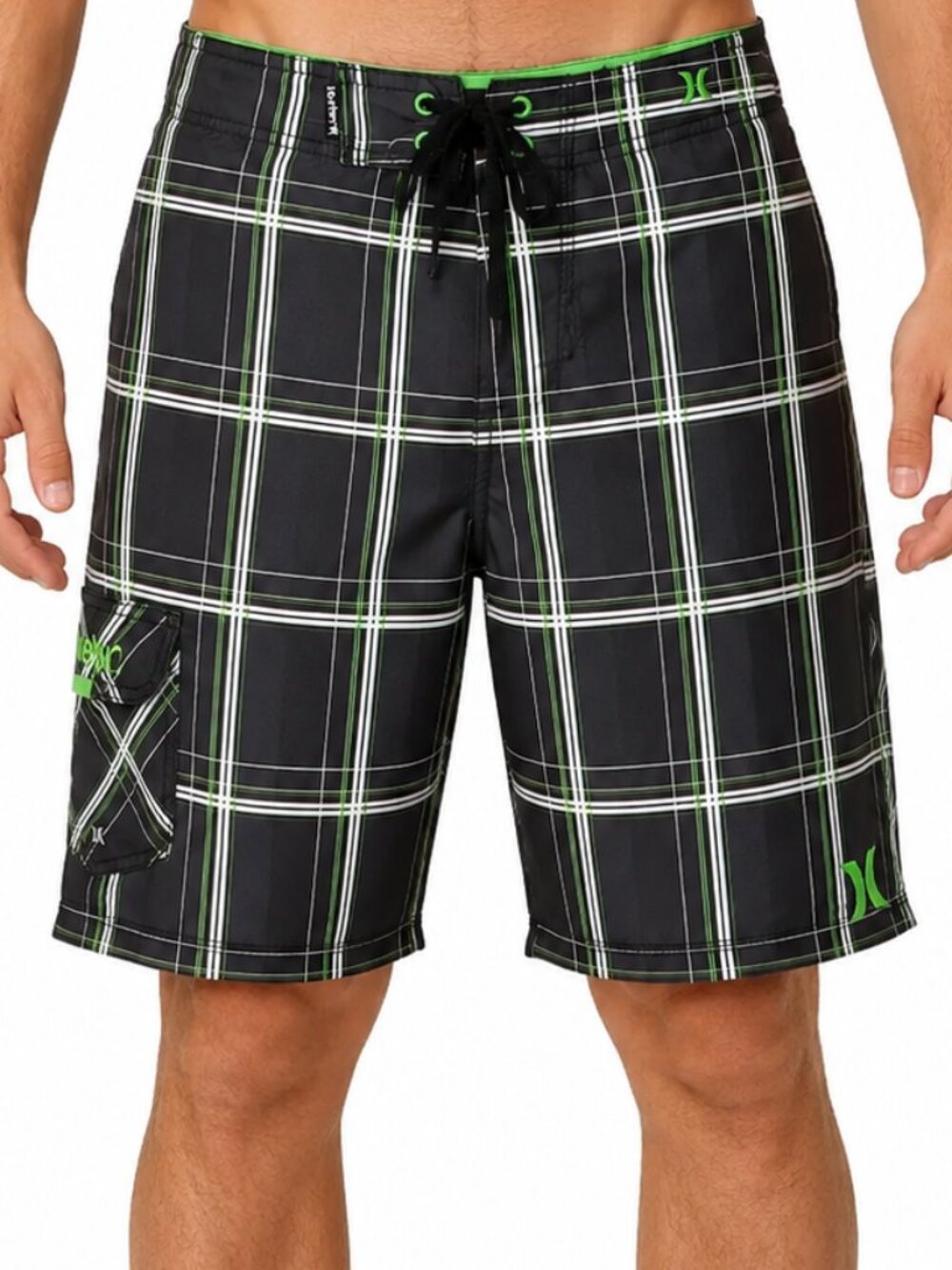 Hurley Board Shorts Men's 35 Black Plaid Surf Swim Cargo Drawstring, 22.5" Long